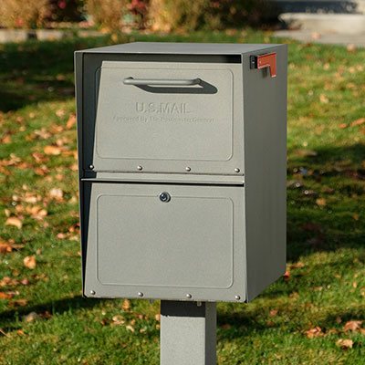 Storm Gray locking mailbox installed with post