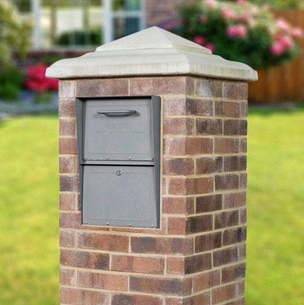 Storm Gray mailbox installed in brick